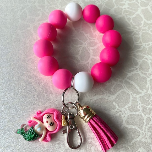 Hand Crafted Pink and White Mermaid Keychain Bracelet - Picture 4 of 4